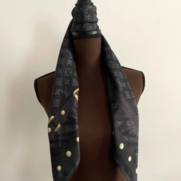 Louis Vuitton Scarf Monogram Denim Blask Gray Square Silk Wrap - Picture 12 of 16